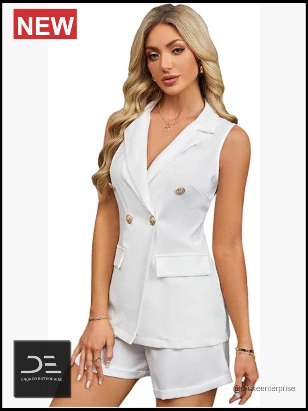 Elegant Double Breasted Blazer Vest and Shorts Matching Set